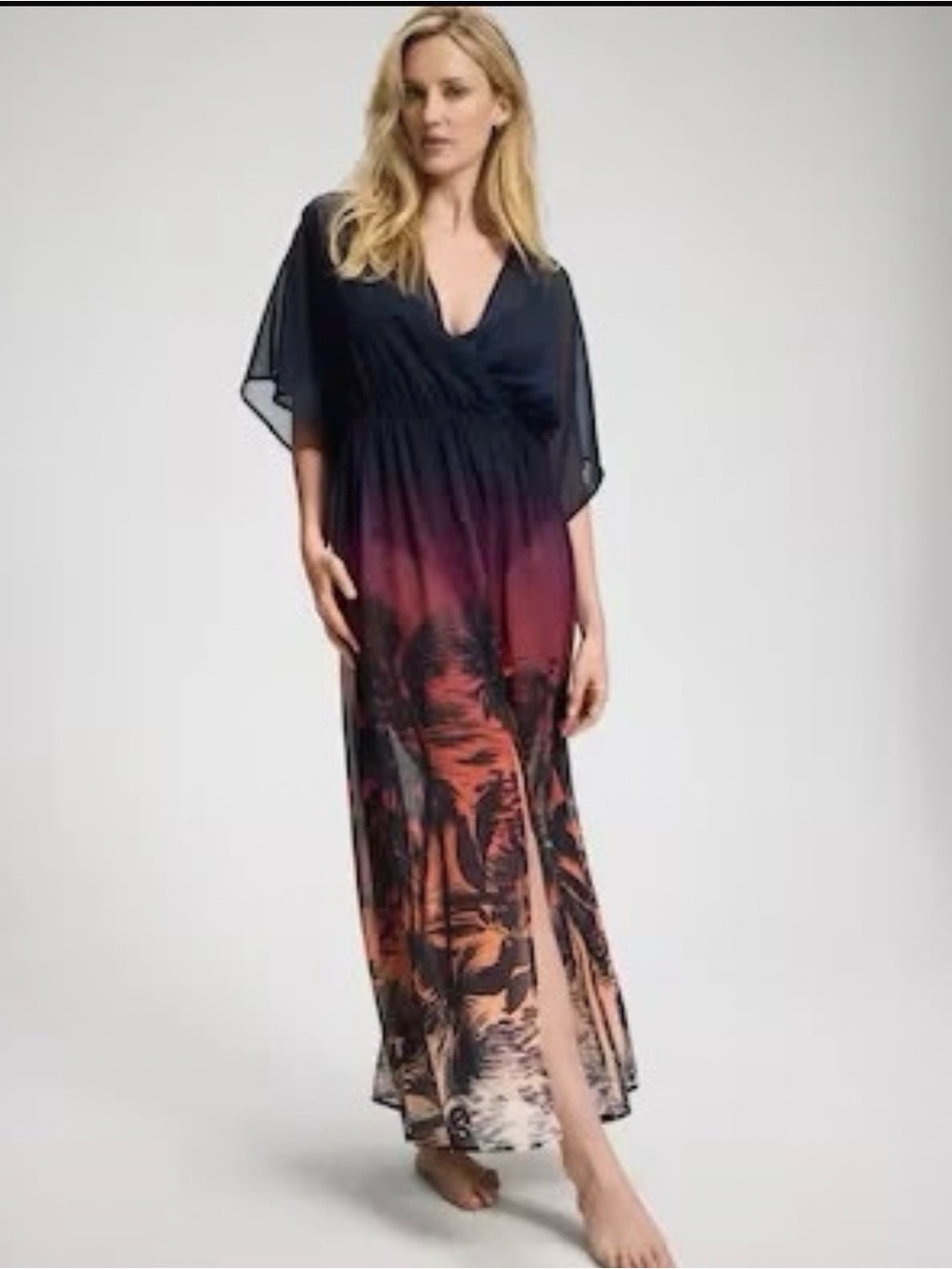 Soma Navy to Coral Ombre Maxi Dress with Tropical Palm Print